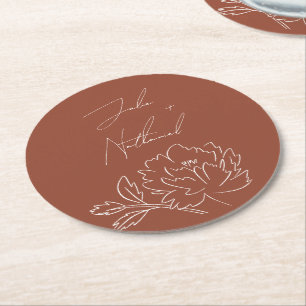 Porta-copo De Papel Redondo Casamento Floral Boho Laranja Queimada Terracota