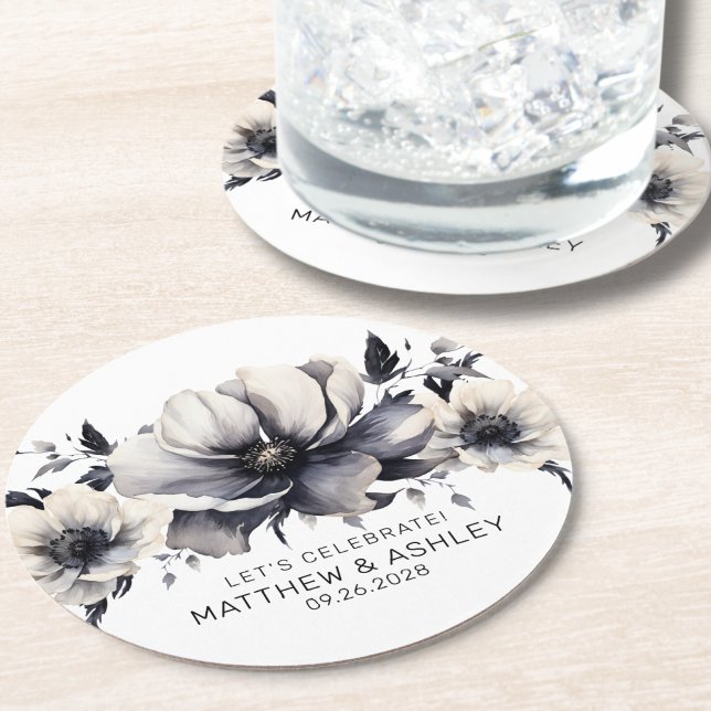 Porta-copo De Papel Redondo Casamento Floral Branca Negra Elegante (Chic Elegant Date Boho Floral Black White Wedding Round Paper Coaster)