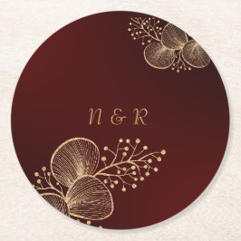 Porta-copo De Papel Redondo Casamento Floral Burgundy e Dourado Elegante