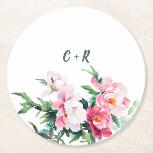 Porta-copo De Papel Redondo Casamento Floral de Peônia Rosa Suave e Eucalipto