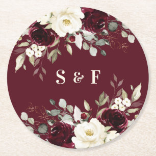 Porta-copo De Papel Redondo Casamento Floral Elegante Borgonha Verde Dourado