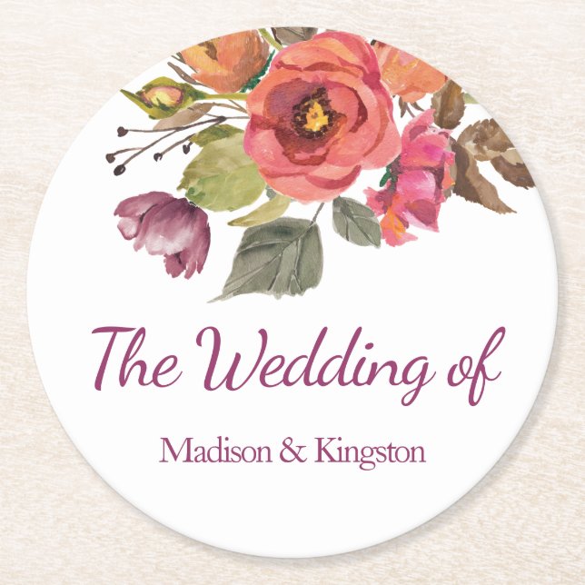 Porta-copo De Papel Redondo Casamento Floral Elegante De Pêssego Rosa (Frente)