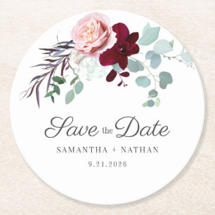 Porta-copo De Papel Redondo Casamento Floral Eucalipto Rosa Salve a Data