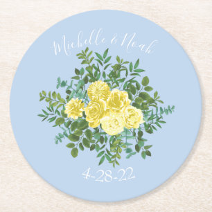 Porta-copo De Papel Redondo Casamento Floral Rosa Azul Claro Amarelo e Pálido