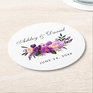 Porta-copo De Papel Redondo Casamento floral roxo ultravioleta da aguarela