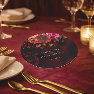 Porta-copo De Papel Redondo Casamento Floral Sombrio Preto Vermelho Gótico Ele