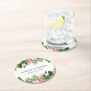 Porta-copo De Papel Redondo Casamento Floral Tropical Watercolor