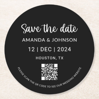 Porta-copo De Papel Redondo Casamento Minimalista Negro Salve o Código QR de D