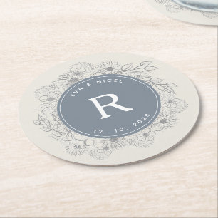 Porta-copo De Papel Redondo Casamento Monograma Azul Empoeirado