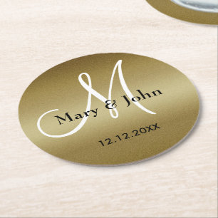 Porta-copo De Papel Redondo Casamento Monograma Obrigado Shimmery Dourado