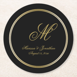Porta-copo De Papel Redondo Casamento Negro Dourado de Monograma Negro Elegant