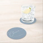 Porta-copo De Papel Redondo Casamento Personalizado de Script Azul com Mínimo<br><div class="desc">Anima Porta copos de Papel Arredondado de Casamento Personalizado com Script Minimalista em Azul Dusty</div>