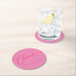 Porta-copo De Papel Redondo Casamento Personalizado De Script Vermelho Rosa Mí<br><div class="desc">Saúde,  cor-de-rosa-claro-brilhante minimalista e Porta copos de papel redondo personalizado com script vermelho</div>
