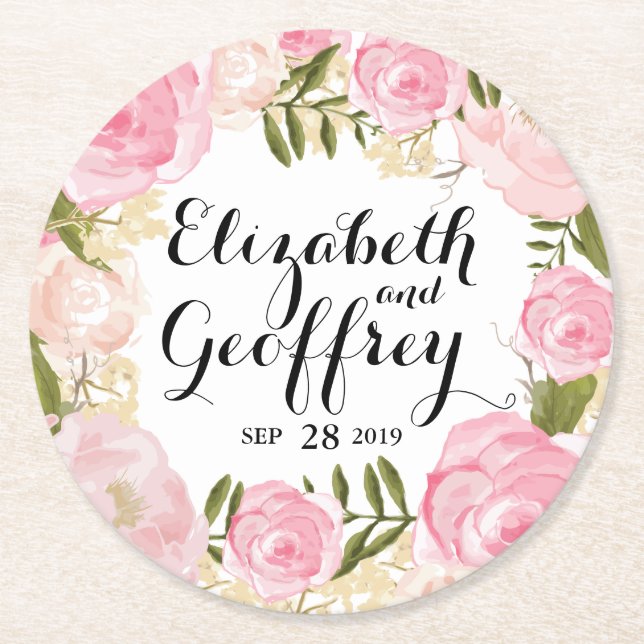 Porta-copo De Papel Redondo Casamento personalizado floral do rosa moderno do (Frente)