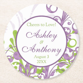 Porta-copo De Papel Redondo Casamento Personalizado Floral Verde Roxo