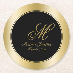 Porta-copo De Papel Redondo Casamento Preto com Script Monograma Dourado Elega