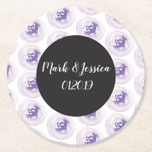 Porta-copo De Papel Redondo Casamento Roxo de Floral à Mão Aquarela Verde