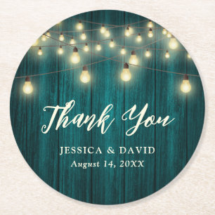 Porta-copo De Papel Redondo Casamento Rustic Country Teal Obrigado