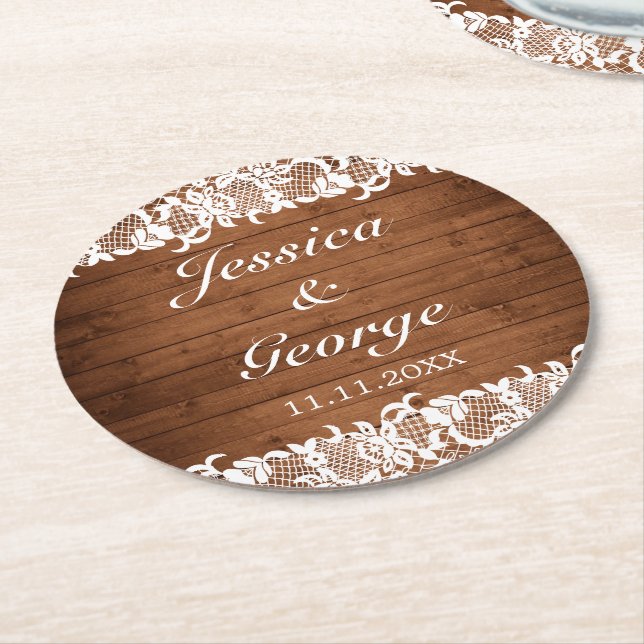 Porta-copo De Papel Redondo Casamento Rustic Wood & White Lace (Angulado)