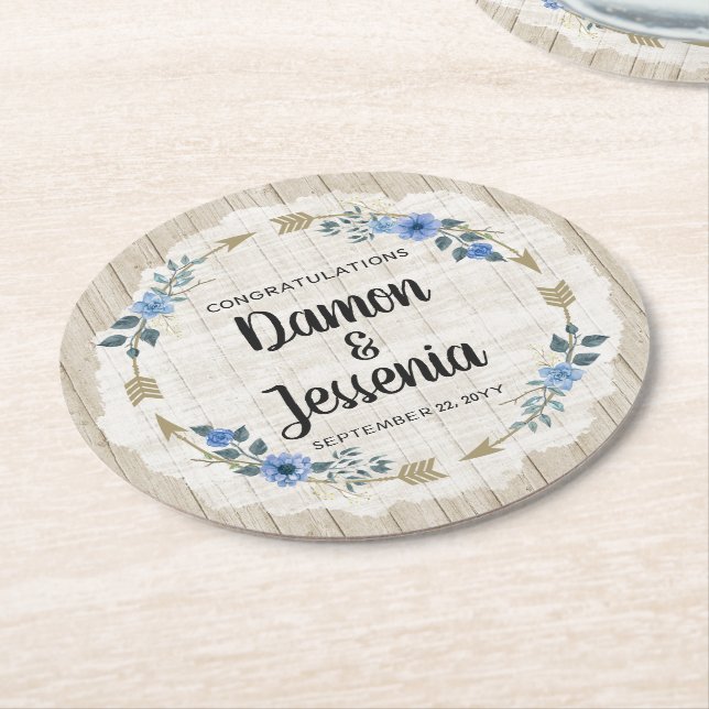 Porta-copo De Papel Redondo Casamento Rústico em Madeira Boho com Flechas e Fl (Angulado)