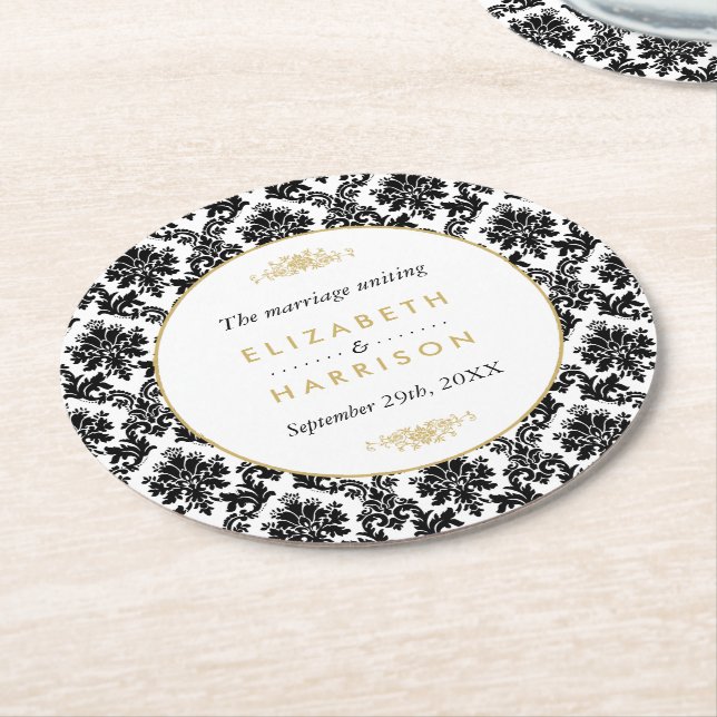 Porta-copo De Papel Redondo Casamento tema damasco Dourado, Preto e Branco (Angulado)