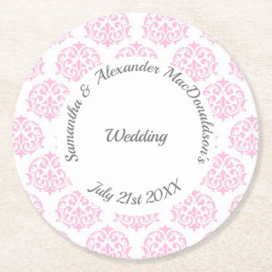 Porta-copo De Papel Redondo Casamento tema damasco rosa do Pastel
