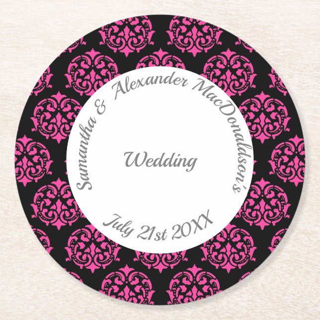 Porta-copo De Papel Redondo Casamento tema damasco rosa e preto Fuchsia (Frente)
