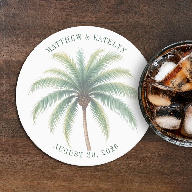 Porta-copo De Papel Redondo Casamento Verde de Destino da Ilha Palm Tree (Palm Tree Island Destination Green Wedding Round Paper Coaster
)