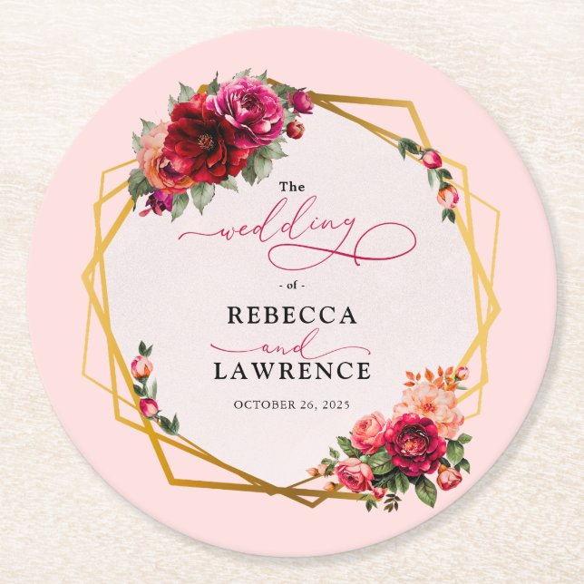 Porta-copo De Papel Redondo Casamento vermelho-quic, floral e dourado falso (Frente)