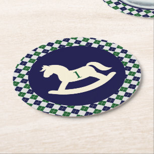 Porta-copo De Papel Redondo Cavalo Mecânico Preppy Argyle 1º Aniversário