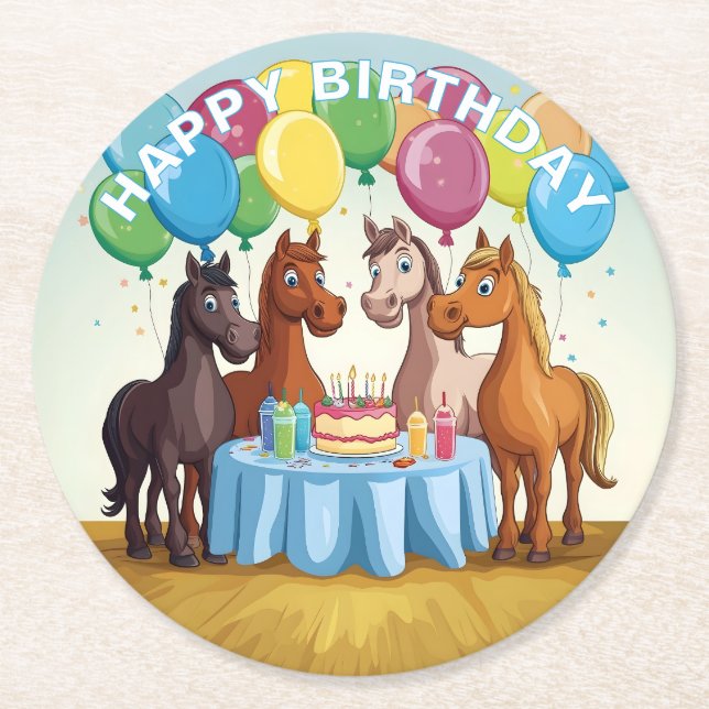 Porta-copo De Papel Redondo Cavalos Felizes Aniversário (Frente)