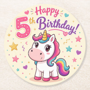 Porta-copo De Papel Redondo Celebração de 5º Aniversário do Unicórnio Mágico