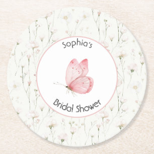 Porta-copo De Papel Redondo Chá de Bebê Flor de Borboleta Rosa Bege