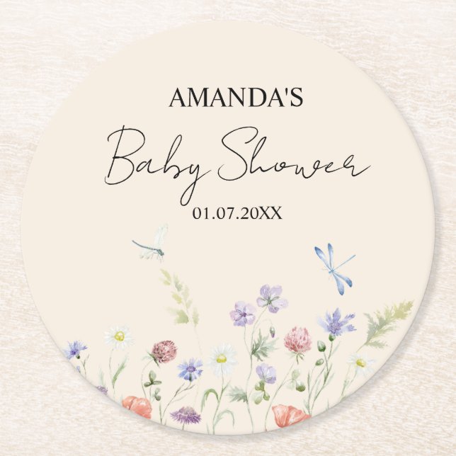 Porta-copo De Papel Redondo Chá de fraldas de Flores Selvagens Elegante (Frente)