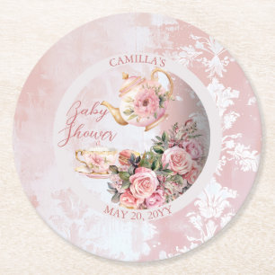 Porta-copo De Papel Redondo Chá de fraldas de Garota Floral Elegante Rosa Alta