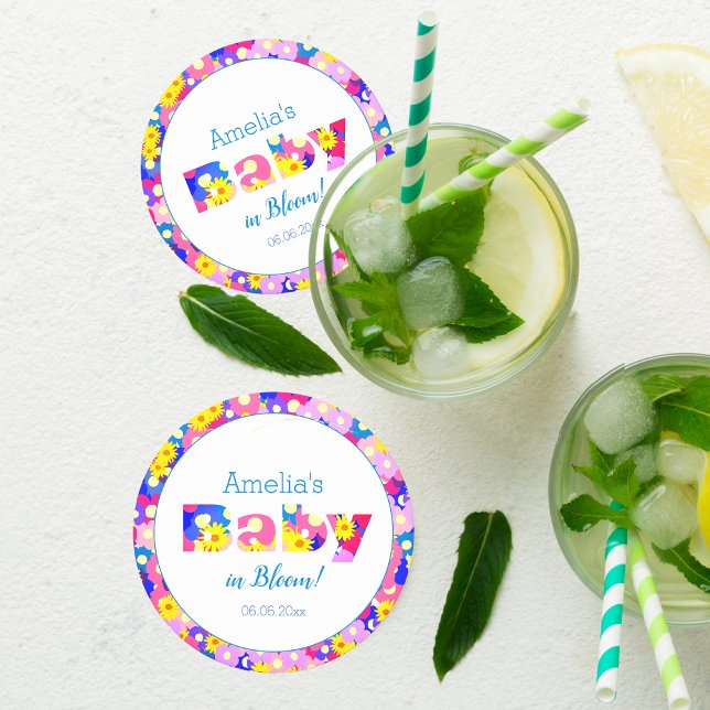 Porta-copo De Papel Redondo Chá de fraldas Flor bonito Azul Personalizado (Criador carregado)