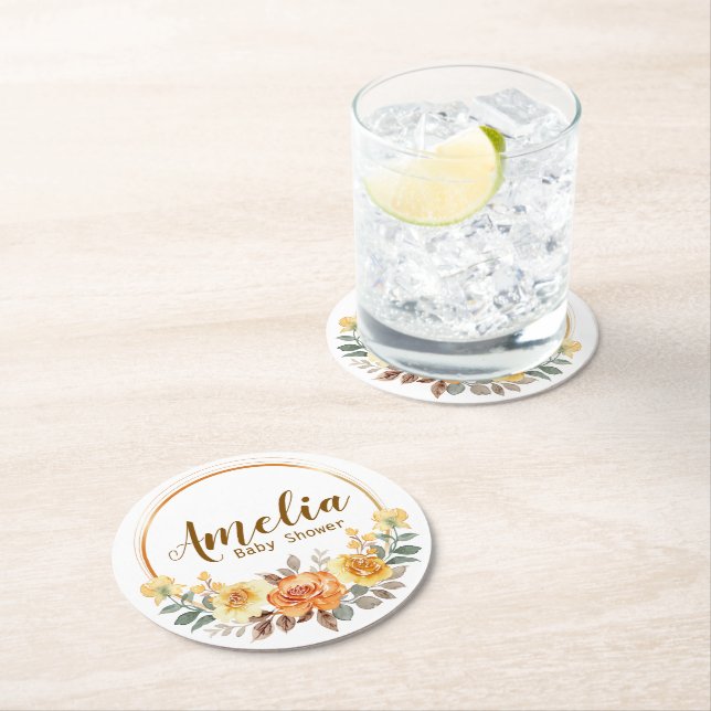 Porta-copo De Papel Redondo Chá de fraldas Floral Laranja Elegante (Insitu)