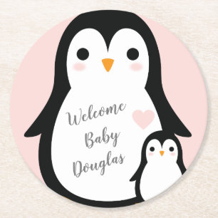 Porta-copo De Papel Redondo Chá de fraldas Pinguim Rosa
