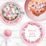 Porta-copo De Papel Redondo Chá de fraldas Rosa Candy Frame Girl<br><div class="desc">Sabemos que não pode esperar para ver seu doce bebê e este design Chá de fraldas com tema doce celebra você e seu pequeno com toda a glória rosa! Uma deliciosa trama de padaria e um quadro cor-de-rosa doce rodeia os detalhes do seu chá de uma forma tão elegante.</div>