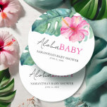 Porta-copo De Papel Redondo Chá de fraldas Tema Tropical<br><div class="desc">Esse encantador conjunto de portas copos chás de fraldas é adornado com uma delicada borda de flores de hibisco tropicais em aquarelas cor-de-rosa suave e folhas de palma monstera, evocando o espírito de um paraíso tropical. Embaladas com a frase estilosa "Aloha Baby", essas portas copos misturam tipografia contemporânea com boas-vindas....</div>