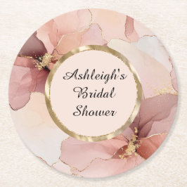 Porta-copo De Papel Redondo Chá de Noiva Floral Rosa Bege Dourado Romântico