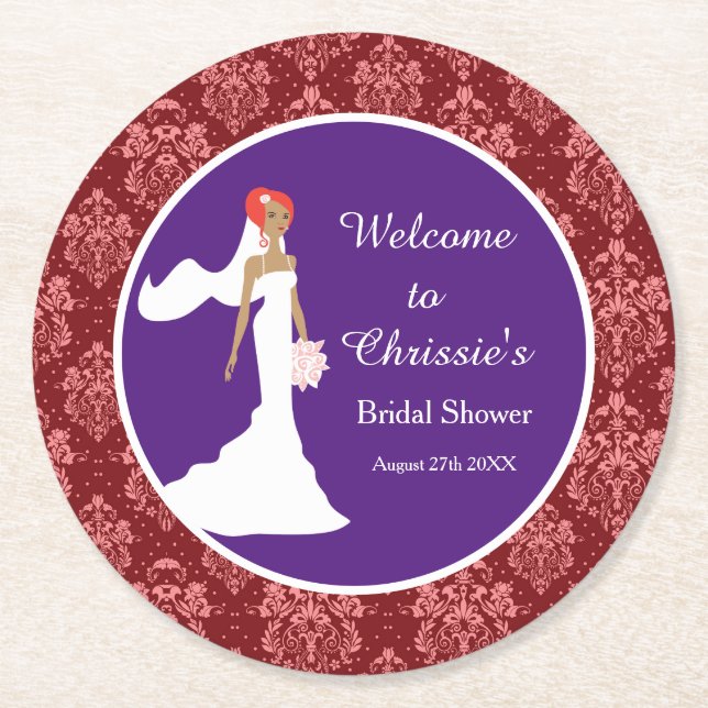 Porta-copo De Papel Redondo Chá de panela vermelho Damask Bride (Frente)