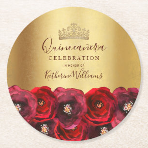 Porta-copo De Papel Redondo Chic Rosa Vermelha Floral Coroa Dourada Quinceañer