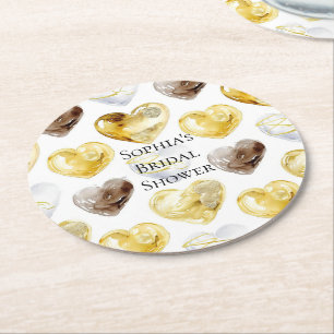 Porta-copo De Papel Redondo Chocolate Dourado Corações Brancos Chá de Noiva