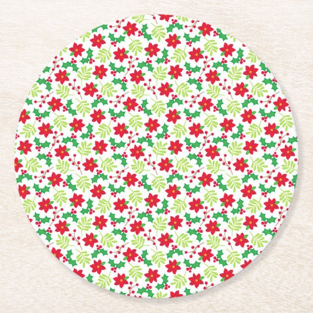 Porta-copo De Papel Redondo Christmas Holly Poinsettias Cute Floral Pattern 6 (Frente)