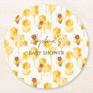 Porta-copo De Papel Redondo Chuva de Bebê Abelhas Mel Amarelo Dourado