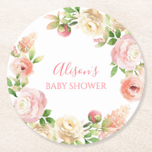 Porta-copo De Papel Redondo Chuva de Bebê Menina Floral Elegante Rosa Rosa