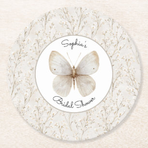 Porta-copo De Papel Redondo Chuva de Noiva Borboleta Floral Branco Creme    