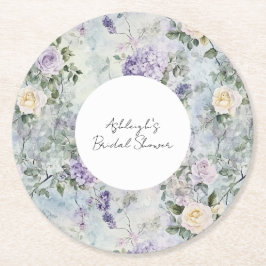 Porta-copo De Papel Redondo Chuva de noiva de flores roxas creme românticas