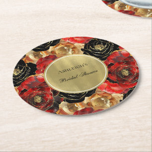 Porta-copo De Papel Redondo Chuva de Noiva Floral Glam Vermelho Preto Dourado